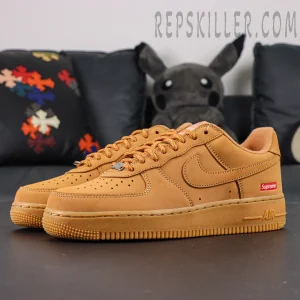 Sup x Air Force 1 Low SP ‘Box Logo - Wheat’ with red Supreme tag on the heel and gum sole
