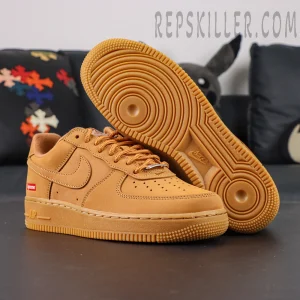 Outsole and upper view of Sup x Air Force 1 Low SP ‘Box Logo - Wheat’ displaying circular traction pattern