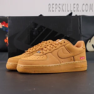 Sup x Air Force 1 Low SP ‘Box Logo - Wheat’ with Nike black shoebox in background