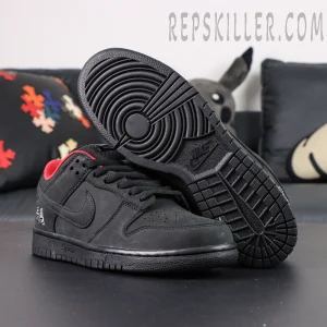 Nike Supreme x Dunk Low SB “Black” outsole and side profile showing all-black nubuck upper and circular traction sole.