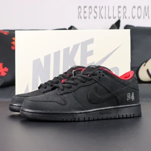 Nike Supreme x Dunk Low SB “Black” side view with box in background, showcasing clean silhouette and Supreme midsole logo.