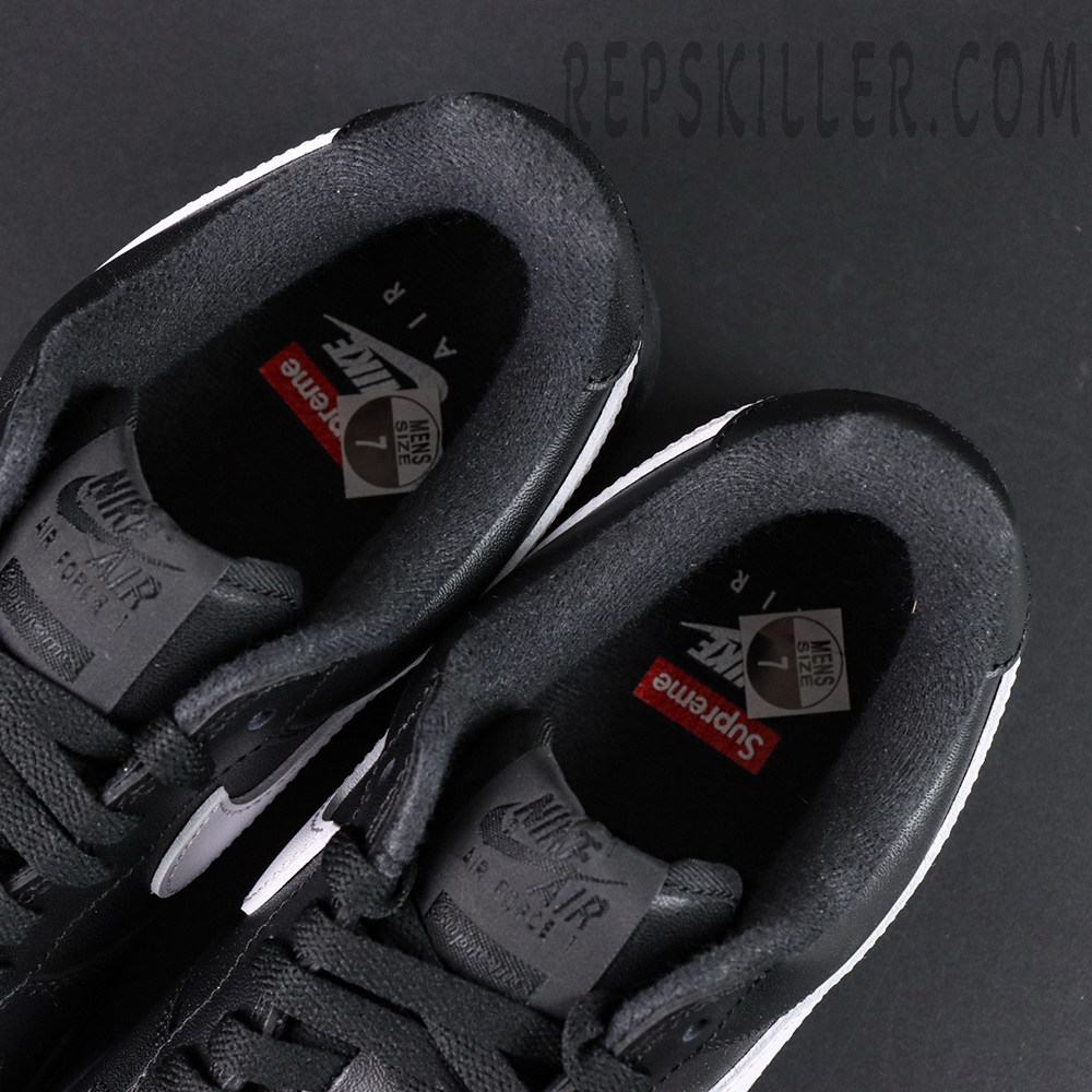 Top view of Supreme x Nike Air Force 1 Low SP ‘Box Logo - Black White’ showing Supreme and Nike Air co-branded insoles