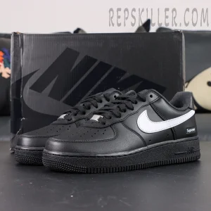Supreme x Nike Air Force 1 Low SP ‘Box Logo - Black White’ with Nike shoebox in background and minimalist design