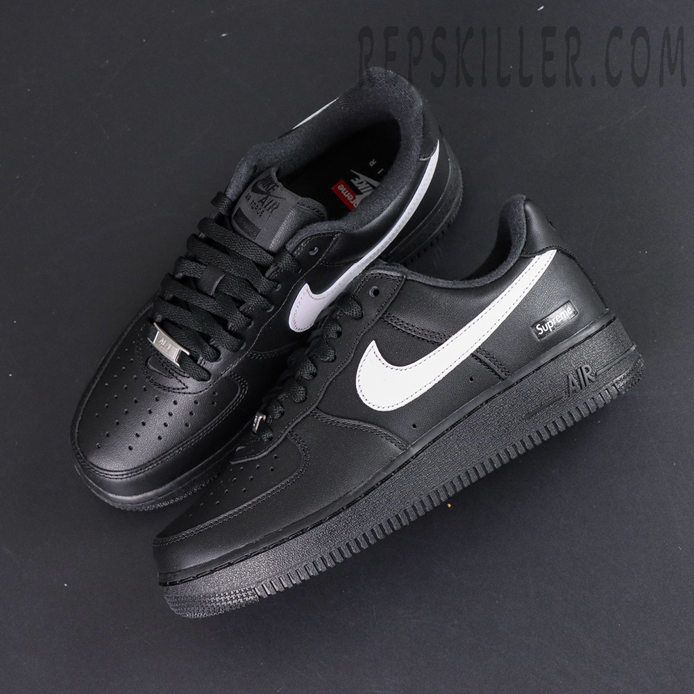 Overhead view of Supreme x Nike Air Force 1 Low SP ‘Box Logo - Black White’ showing clean two-tone design and branding details