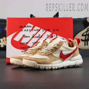 Full display of the Tom Sachs x NikeCraft Mars Yard 2.0 with shoebox in the background.