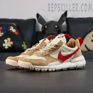 Tom Sachs x NikeCraft Mars Yard 2.0 side view with beige suede and red Swoosh