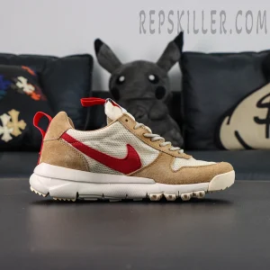 Side profile of Mars Yard 2.0 showing red Swoosh and beige mesh