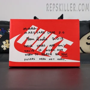 Tom Sachs x NikeCraft Mars Yard 2.0 shoebox with handwritten graphics and Nike logo.