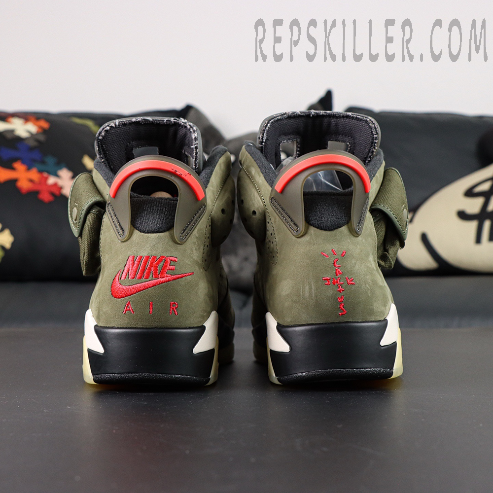 Back view of Travis Scott x Air Jordan 6 “Olive” showing dual branding logos on both heels.