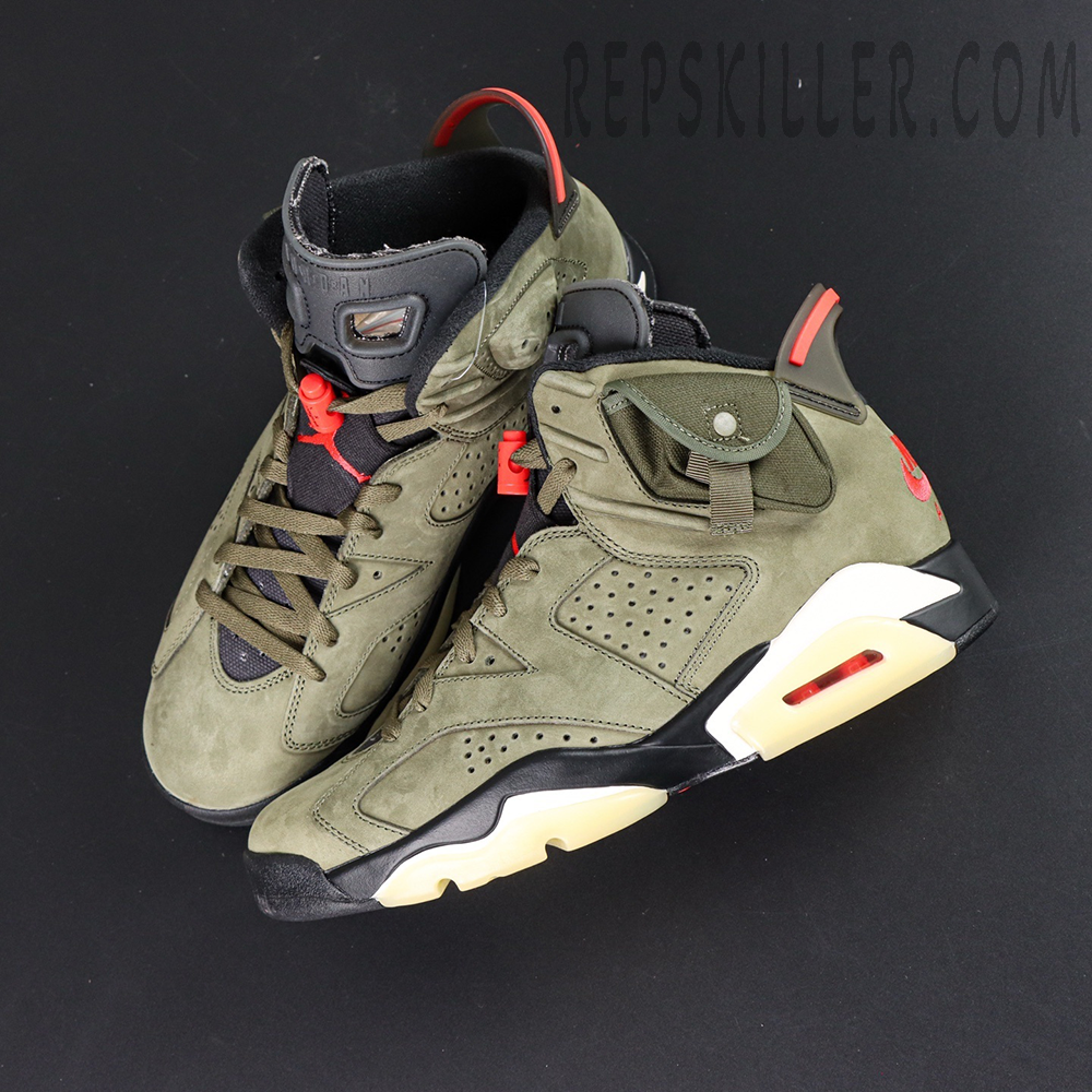 Overhead view of Travis Scott x Air Jordan 6 “Olive” showing both shoes and cargo-style pocket flap.