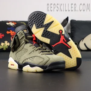 Outsole and side profile of Travis Scott x Air Jordan 6 “Olive” showing glow-in-the-dark sole and Jumpman logo.