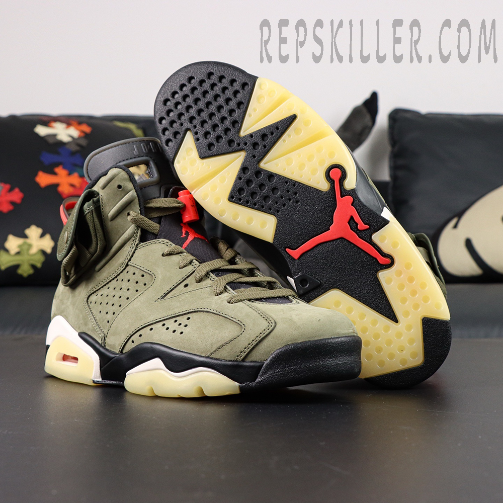 Outsole and side profile of Travis Scott x Air Jordan 6 “Olive” showing glow-in-the-dark sole and Jumpman logo.