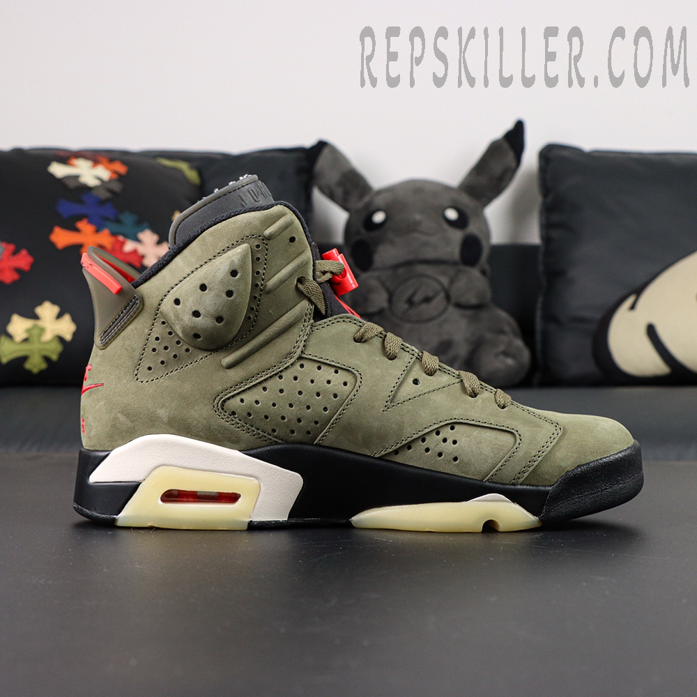 Full side profile of Travis Scott x Air Jordan 6 “Olive” against neutral background.