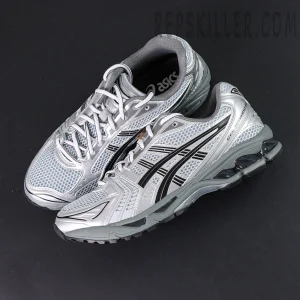 Top-down view of Urban Research x ASICS Gel-Kayano 14 “Pure Silver Black” showing symmetrical design and branding details.