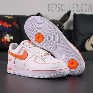 Vlone x NikeLab Air Force 1 ‘White’ sneakers — white leather upper with orange swoosh and outsole details