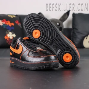 Bottom and side view of Vlone x NikeLab Air Force 1 “Vlone” showing orange circles on outsole traction.