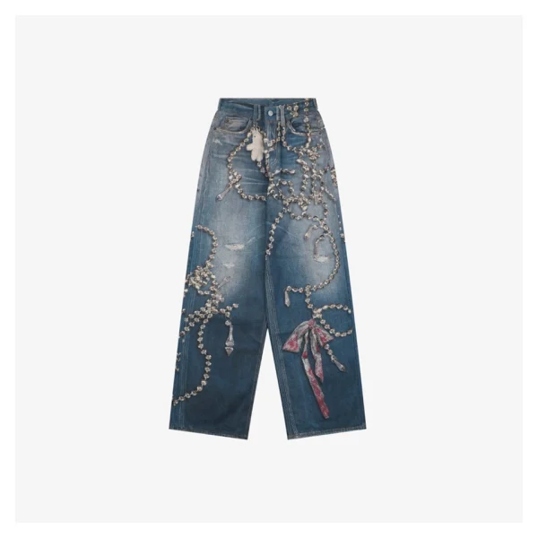 Acne Studios Crystal Bow Trompe-l’Œil Straight-Leg Denim Pants Front view