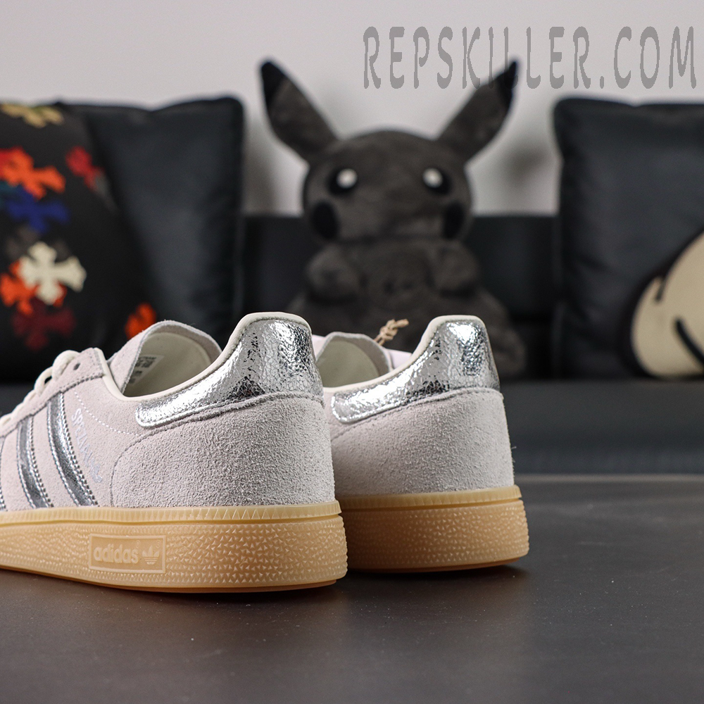 Adidas Handball Spezial Grey Silver Gum heel view showing metallic silver heel tab and suede back panel