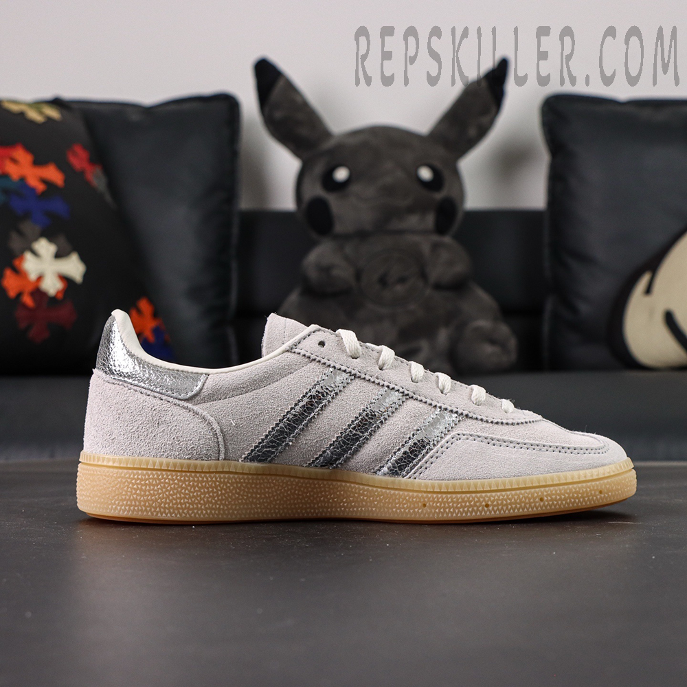 Adidas Handball Spezial Grey Silver Gum lateral side showing grey suede, silver stripes and gum sole