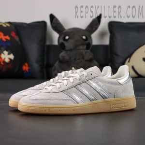 Adidas Handball Spezial Grey Silver Gum pair side view with textured suede and metallic silver heel accents