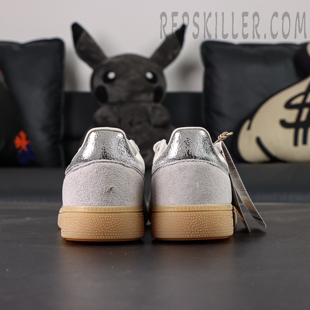 Adidas Handball Spezial Grey Silver Gum back view with reflective silver heel panels and gum rubber midsoles