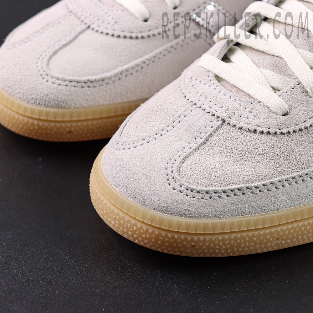 Adidas Handball Spezial Grey Silver Gum close-up of suede toe box and stitching details