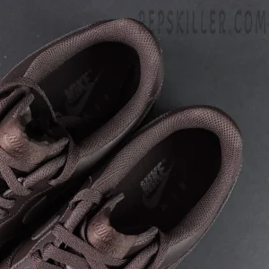 Close-up of Air Force 1 Low Velvet Brown collar and inner lining showing Nike Air insole branding
