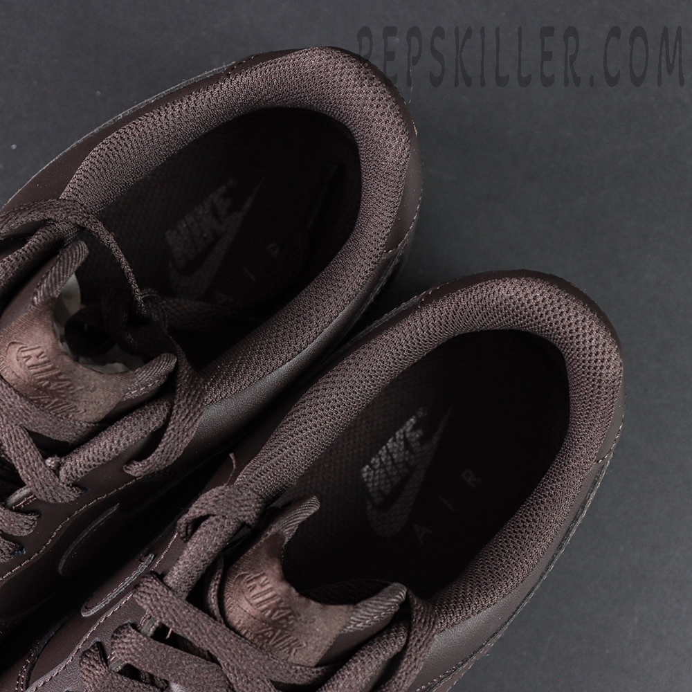 Close-up of Air Force 1 Low Velvet Brown collar and inner lining showing Nike Air insole branding