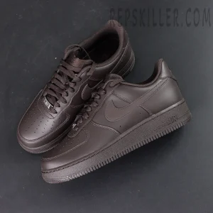 Air Force 1 Low Velvet Brown reps shoes in premium dark-brown leather displayed in a 45-degree angle