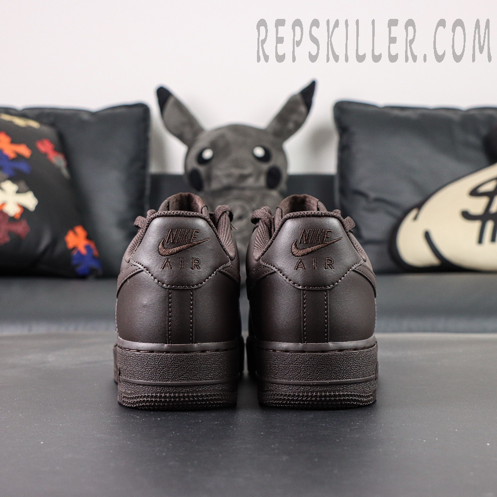 Back view of Air Force 1 Low Velvet Brown showing embossed Nike Air heel branding