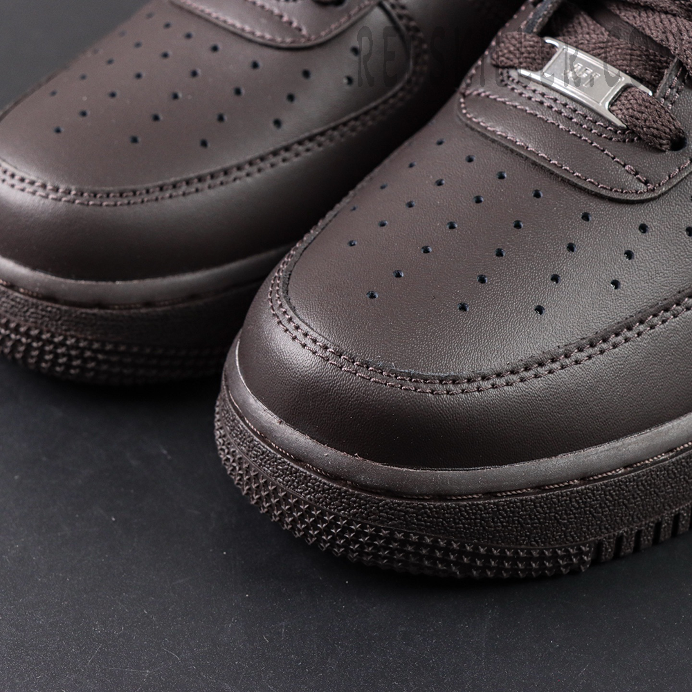 Toe box close-up of Air Force 1 Low Velvet Brown highlighting stitching and premium leather texture