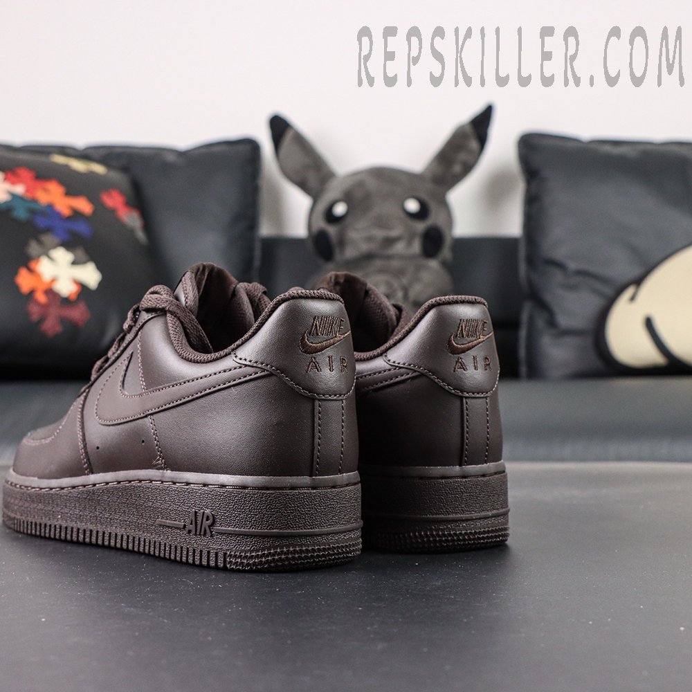 Side and heel view of Air Force 1 Low Velvet Brown reps showcasing dark-brown leather construction