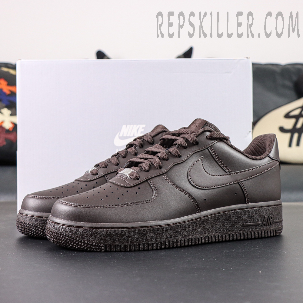 Air Force 1 Low Velvet Brown reps displayed with white Nike shoe box