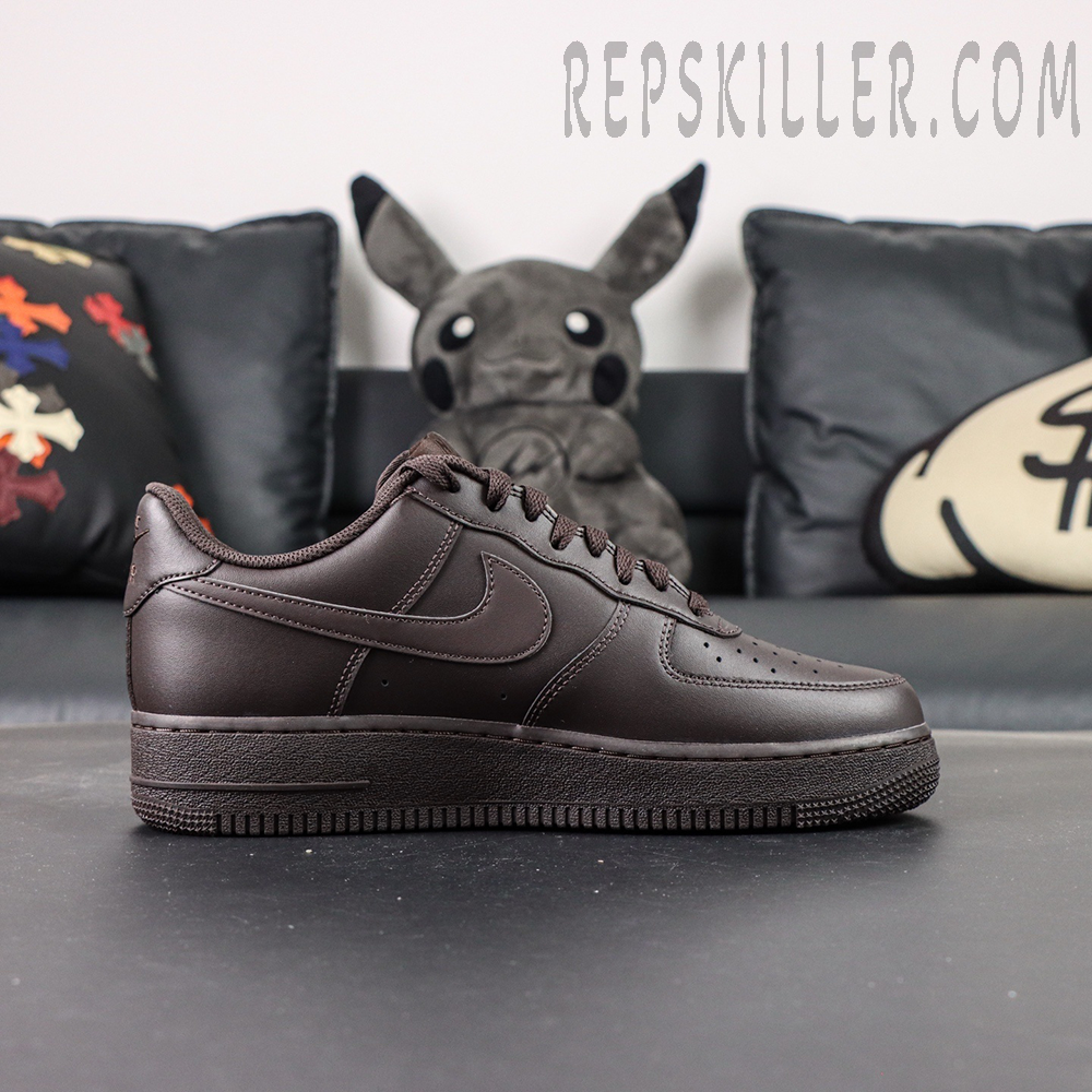 Full side profile of Air Force 1 Low Velvet Brown in monochrome dark-brown leather