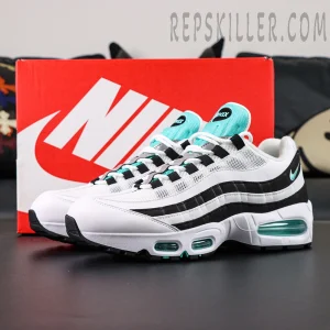 Nike Air Max 95 OG Black Border shoes displayed with red Nike box and turquoise tongue accents