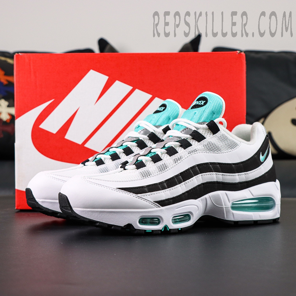 Nike Air Max 95 OG Black Border shoes displayed with red Nike box and turquoise tongue accents