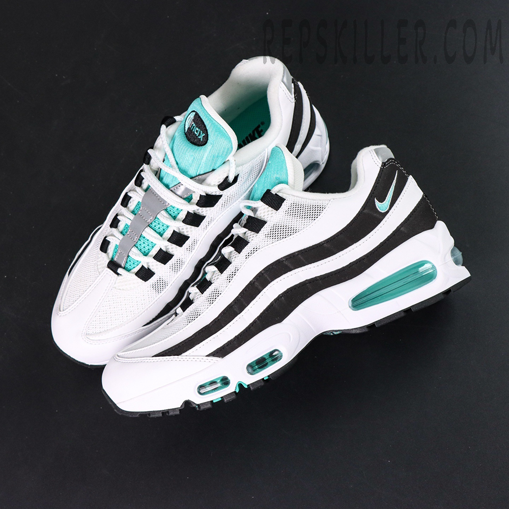 Top view of Nike Air Max 95 OG Black Border sneakers showing lace loops and turquoise tongue