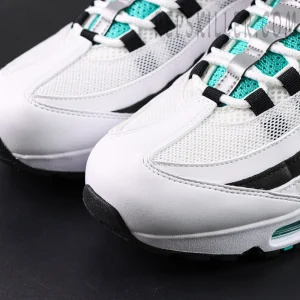 Close-up of Nike Air Max 95 OG Black Border toe box with white leather and mesh overlays