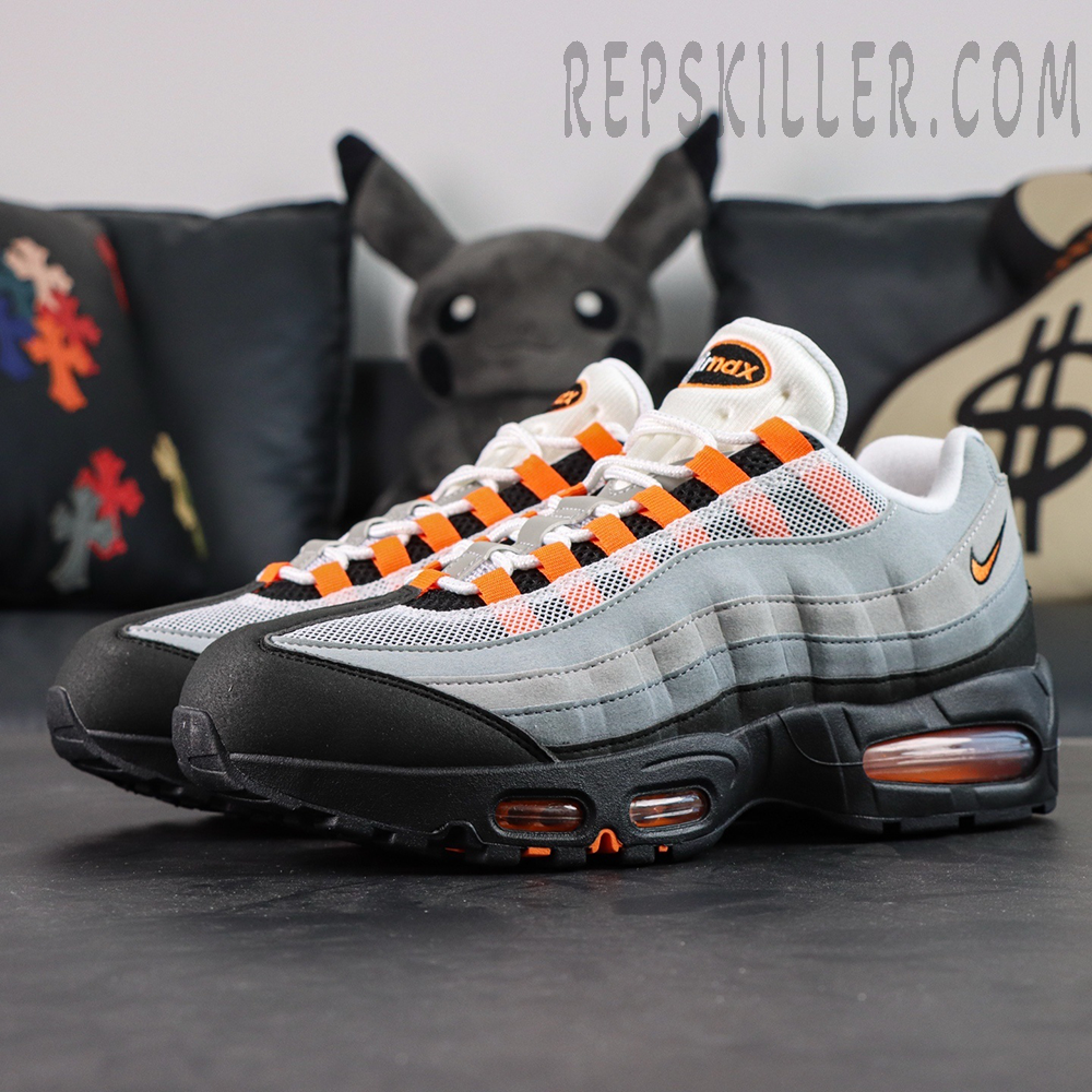 Air Max 95 OG Bright Mandarin shoes side angle with orange accents