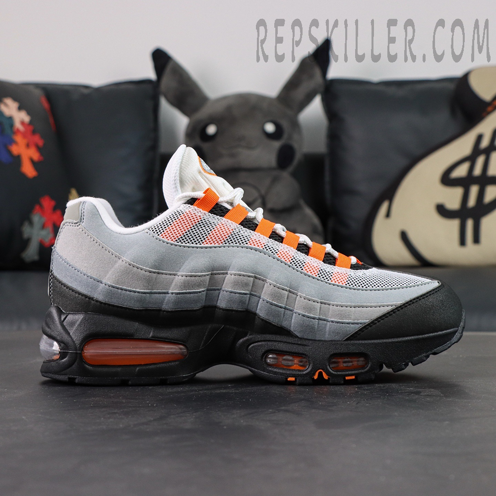 Nike Air Max 95 OG Bright Mandarin lateral view with gradient grey upper