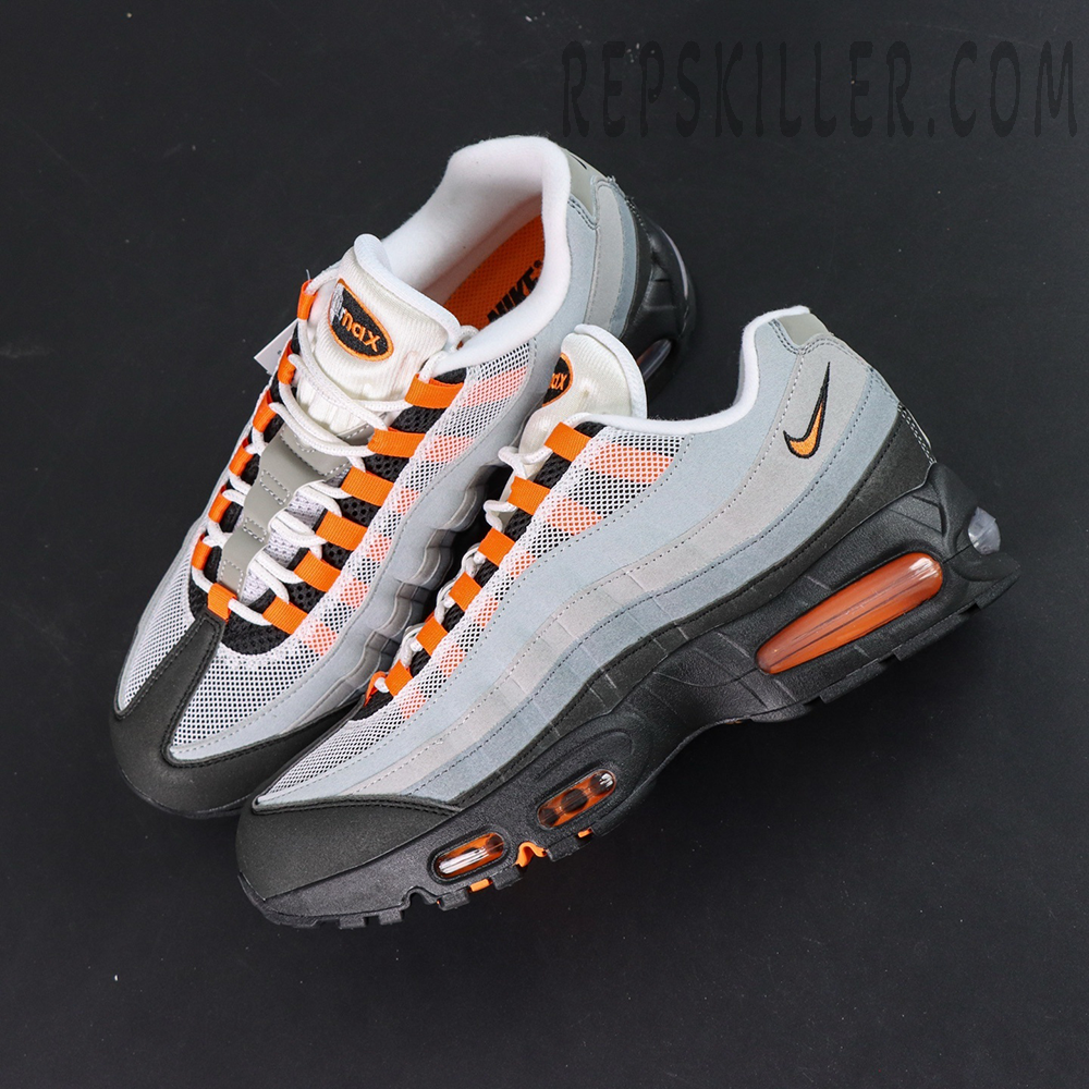Top view of Air Max 95 Bright Mandarin showing lace loops and orange accents