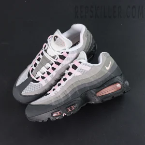 Overhead view of Nike Air Max 95 OG ‘Pink Foam’ showing gradient grey upper and pink lace loops.