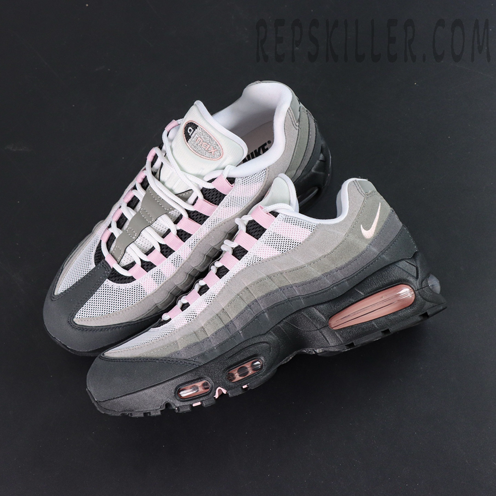 Overhead view of Nike Air Max 95 OG ‘Pink Foam’ showing gradient grey upper and pink lace loops.