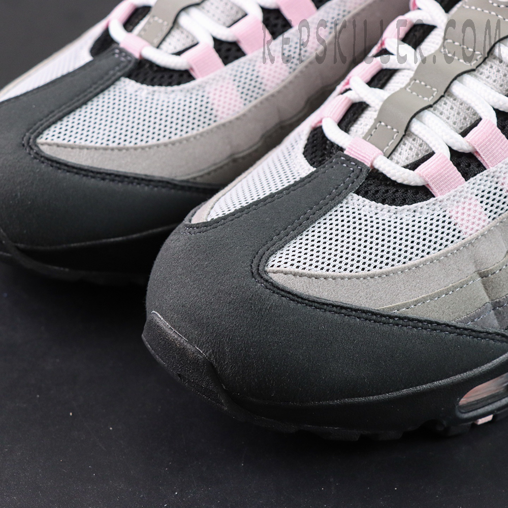 Close-up of Nike Air Max 95 OG ‘Pink Foam’ toe mesh and suede mudguard details.