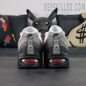 Rear view of Nike Air Max 95 OG ‘Pink Foam’ showing pink Air units and heel Nike Air logo.