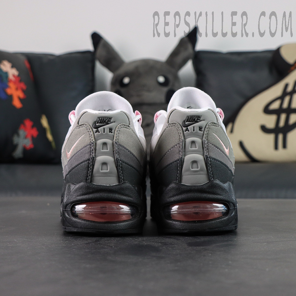 Rear view of Nike Air Max 95 OG ‘Pink Foam’ showing pink Air units and heel Nike Air logo.
