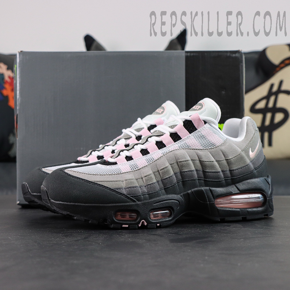 Nike Air Max 95 OG ‘Pink Foam’ displayed with box, showing gradient upper and pink Air units.
