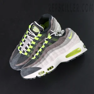 Nike Air Max 95 OG Reverse Neon sneakers top-view angled shot showing mesh and suede gradient upper with neon lace loops.