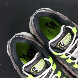Nike Air Max 95 OG Reverse Neon close-up of inner collar and tongue branding with neon green insole and Air Max label.
