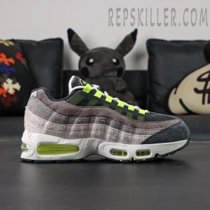 Nike Air Max 95 OG Reverse Neon lateral side view showing gradient suede stripes and neon eyelets.